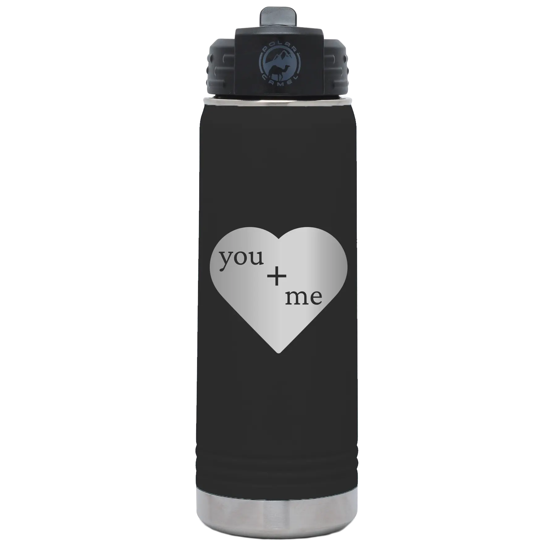 Laser etched black 20 oz vacuum insulated water bottle with 'You Plus Me' design