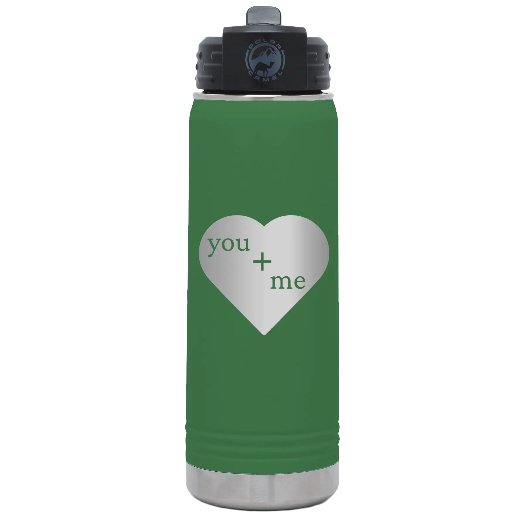 Laser etched green 20 oz vacuum insulated water bottle with 'You Plus Me' design