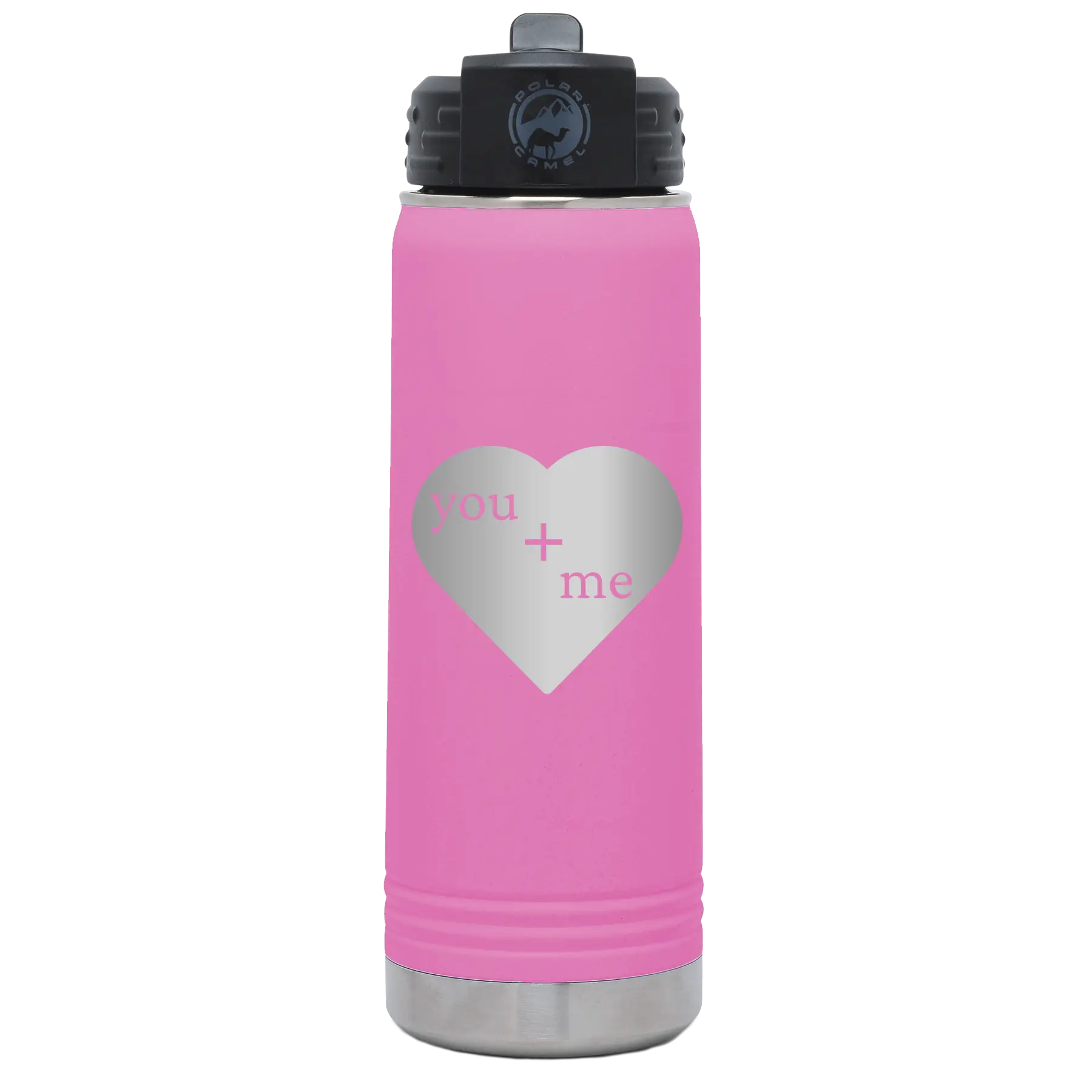 Laser etched light purple 20 oz vacuum insulated water bottle with 'You Plus Me' design