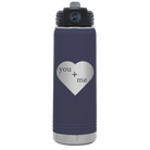 Laser etched navy 20 oz vacuum insulated water bottle with 'You Plus Me' design