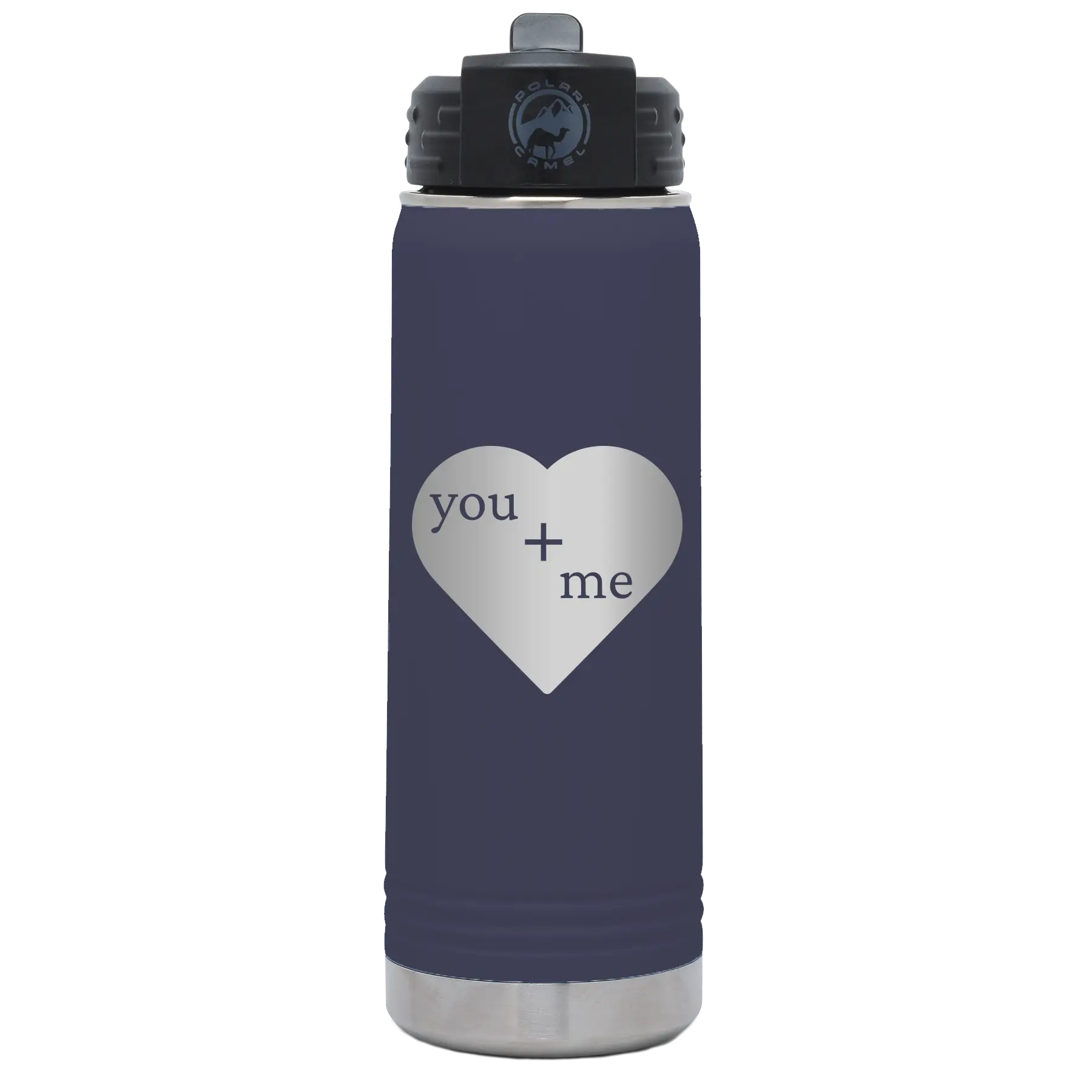 Laser etched navy 20 oz vacuum insulated water bottle with 'You Plus Me' design