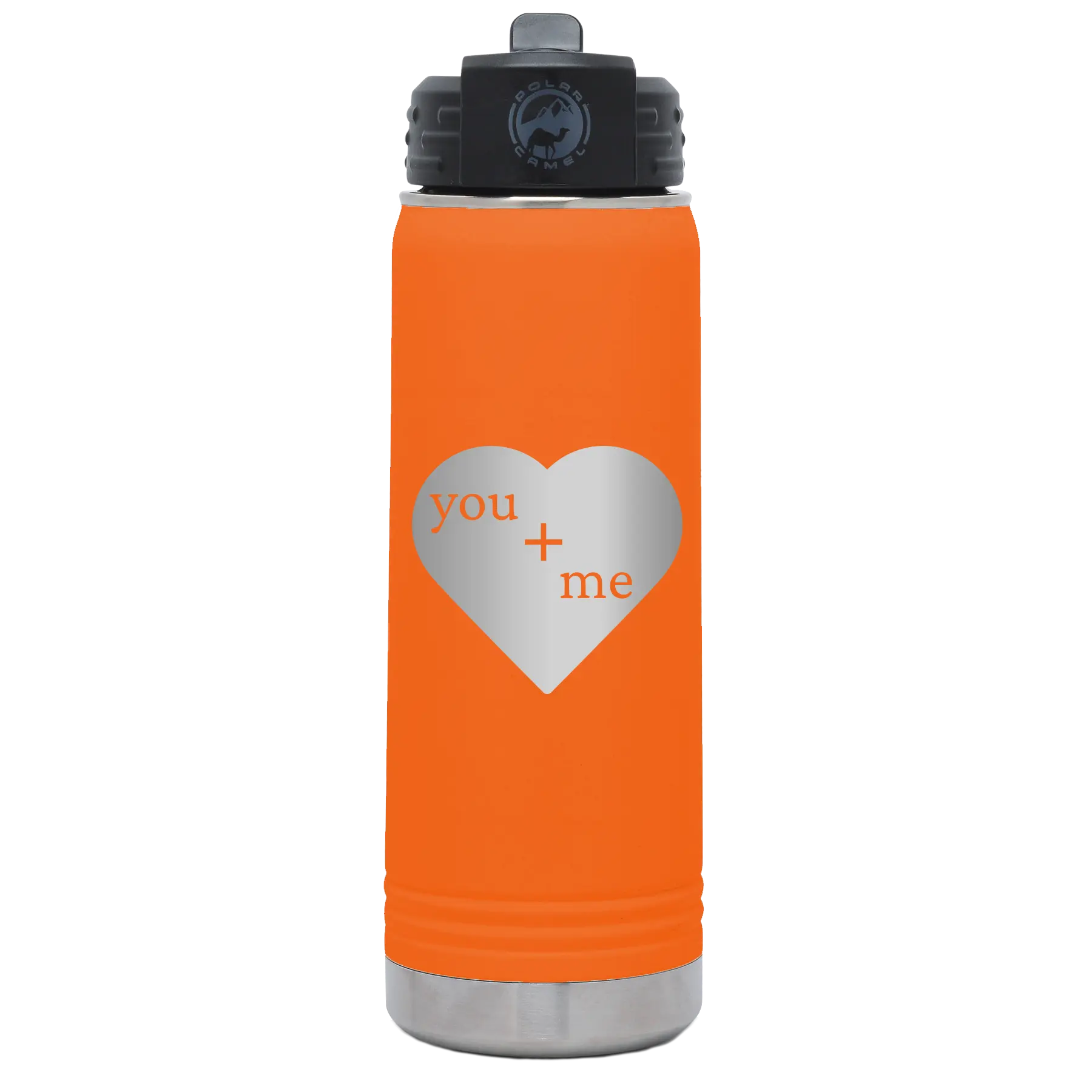 Laser etched orange 20 oz vacuum insulated water bottle with 'You Plus Me' design