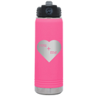 Laser etched pink 20 oz vacuum insulated water bottle with 'You Plus Me' design