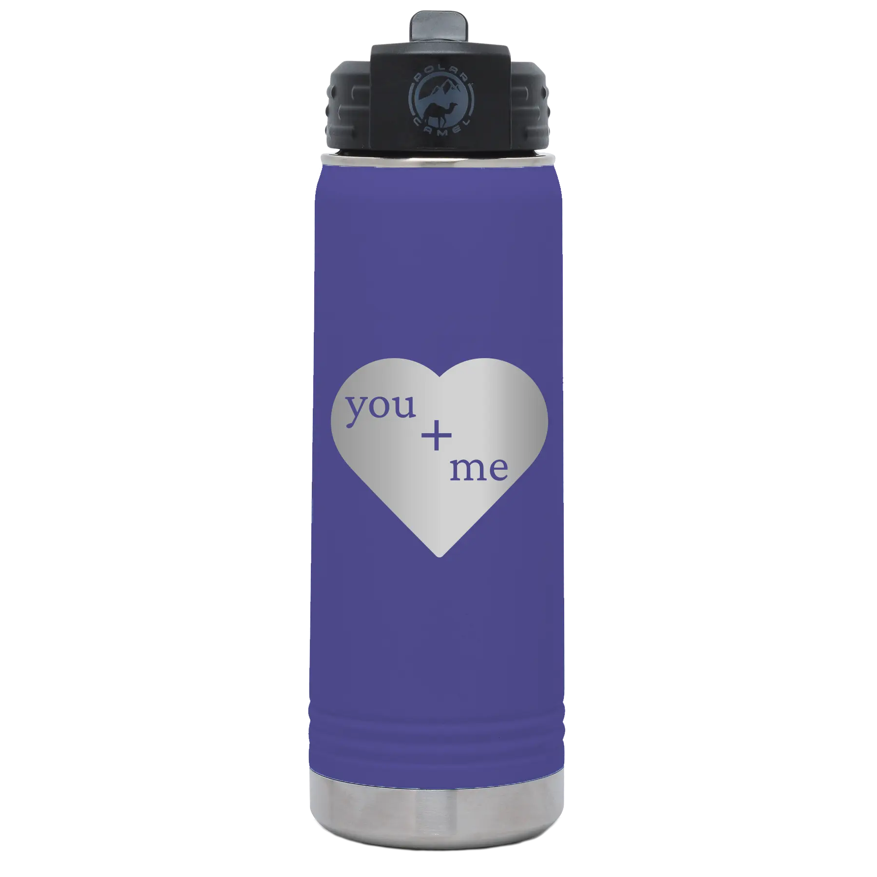 Laser etched purple 20 oz vacuum insulated water bottle with 'You Plus Me' design
