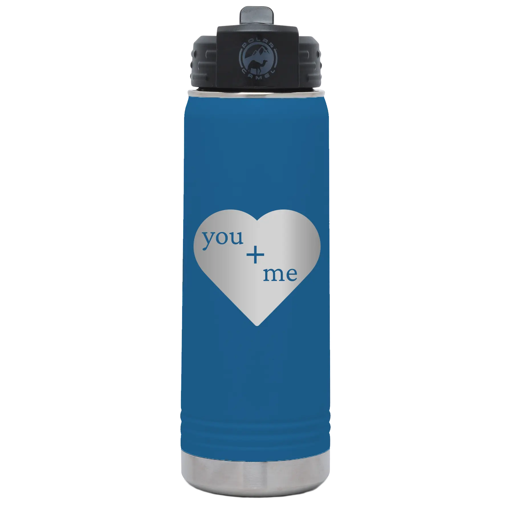 Laser etched royal blue 20 oz vacuum insulated water bottle with 'You Plus Me' design