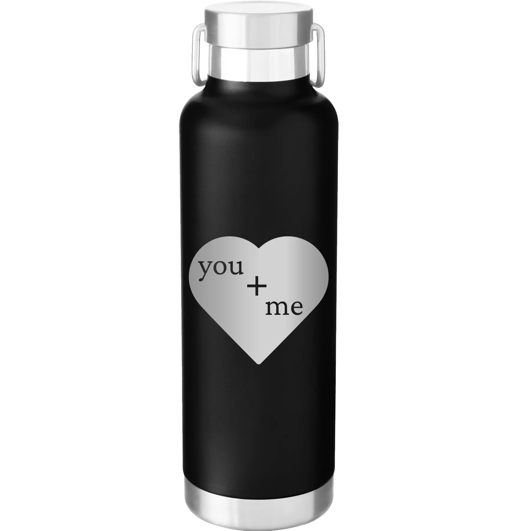 Laser etched black 24 oz vacuum insulated water bottle with 'You Plus Me' design