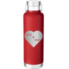 Laser etched red 24 oz vacuum insulated water bottle with 'You Plus Me' design