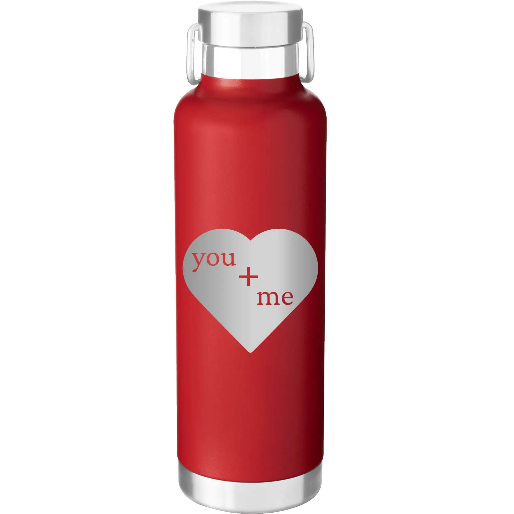 Laser etched red 24 oz vacuum insulated water bottle with 'You Plus Me' design