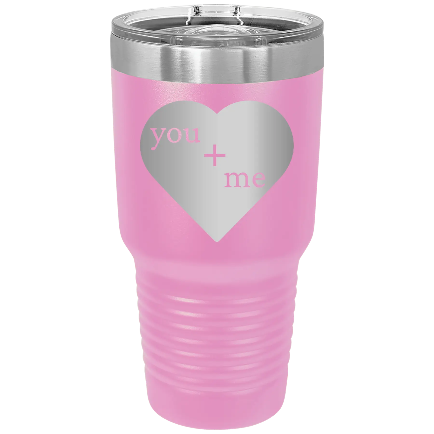 Laser etched light purple 30 oz vacuum insulated tumbler with 'You Plus Me' design