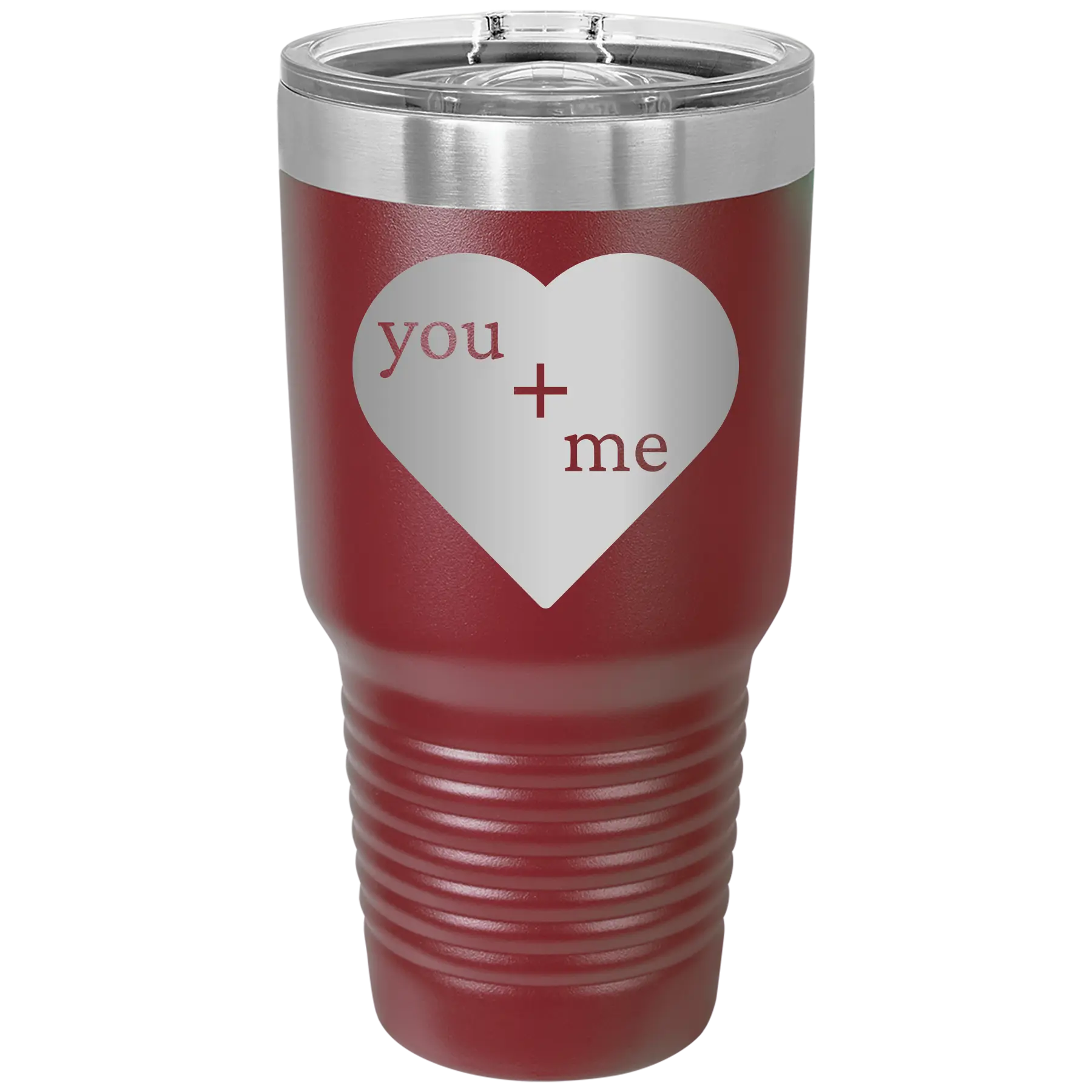 Laser etched maroon 30 oz vacuum insulated tumbler with 'You Plus Me' design