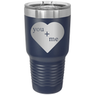 Laser etched navy 30 oz vacuum insulated tumbler with 'You Plus Me' design