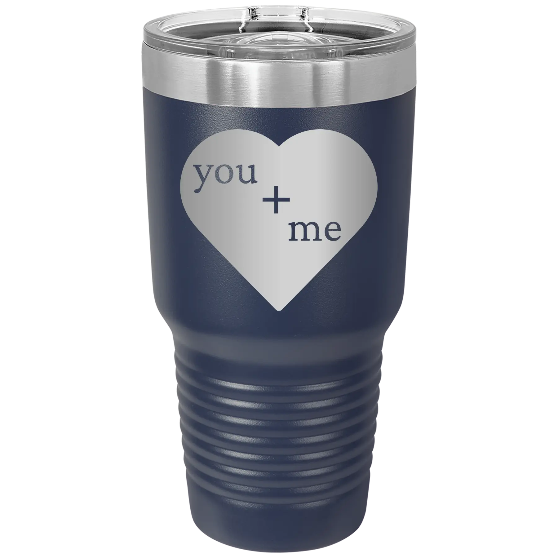 Laser etched navy 30 oz vacuum insulated tumbler with 'You Plus Me' design