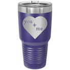 Laser etched purple 30 oz vacuum insulated tumbler with 'You Plus Me' design