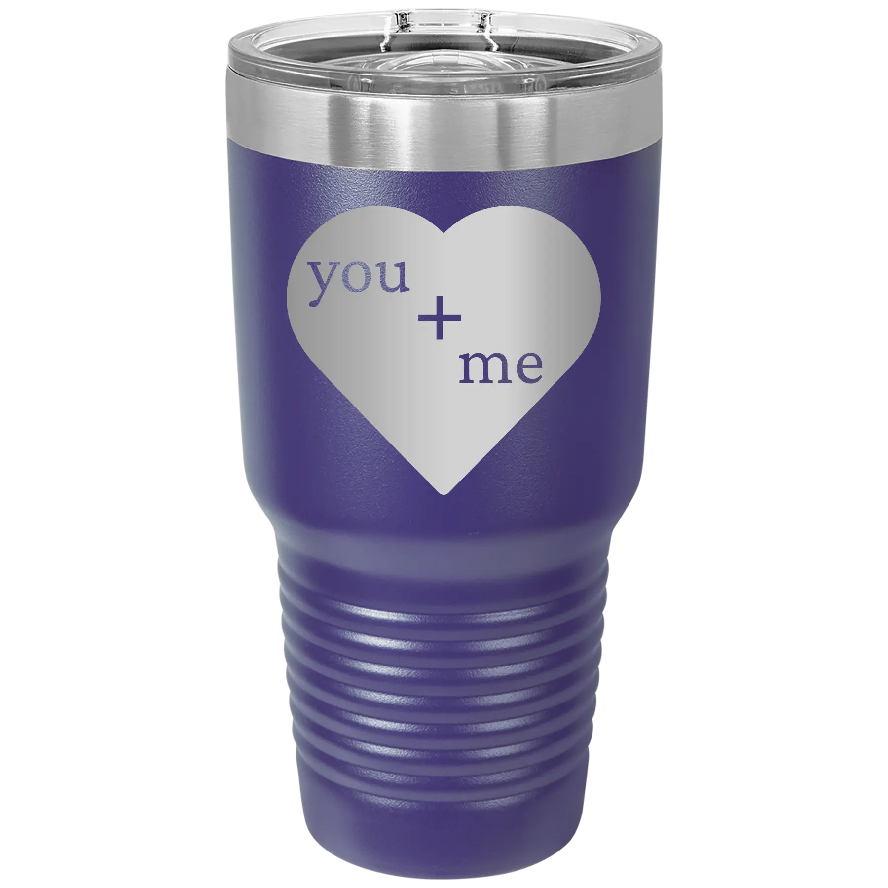 Laser etched purple 30 oz vacuum insulated tumbler with 'You Plus Me' design