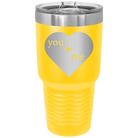 Laser etched yellow 30 oz vacuum insulated tumbler with 'You Plus Me' design