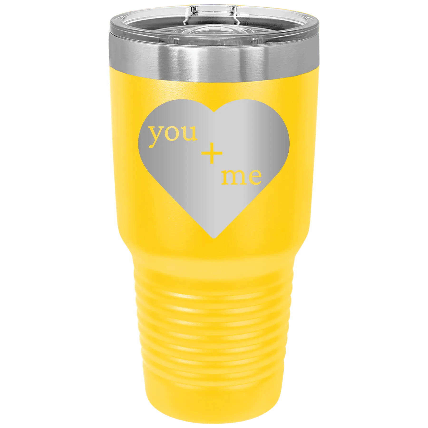 Laser etched yellow 30 oz vacuum insulated tumbler with 'You Plus Me' design