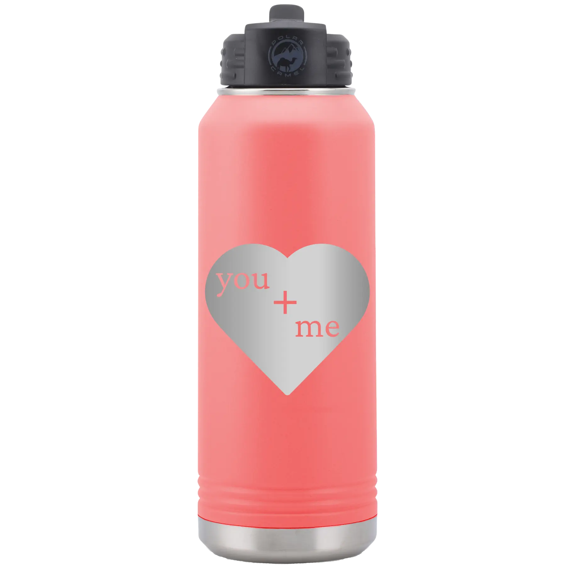Laser etched coral 32 oz vacuum insulated water bottle with 'You Plus Me' design