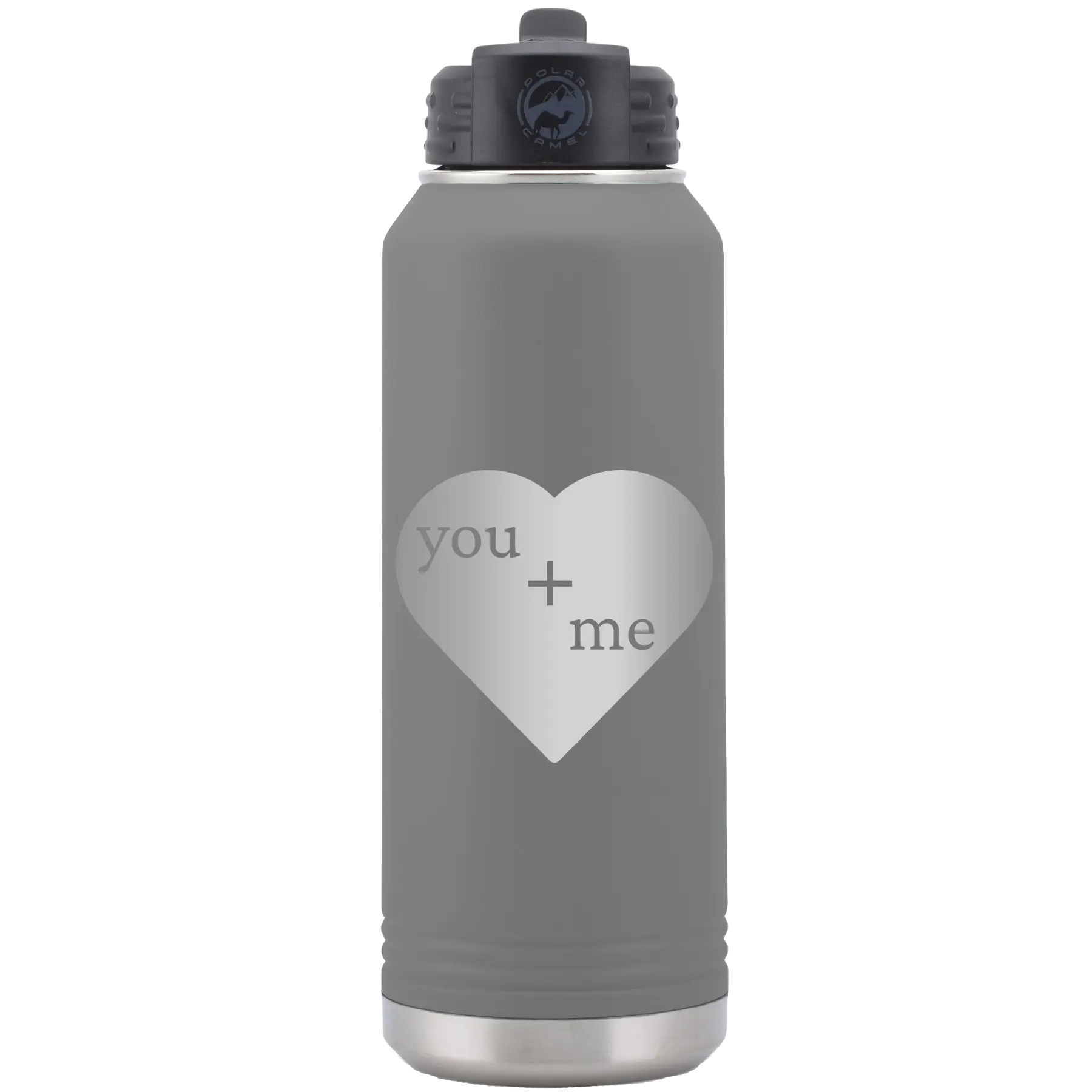 Laser etched dark gray 32 oz vacuum insulated water bottle with 'You Plus Me' design