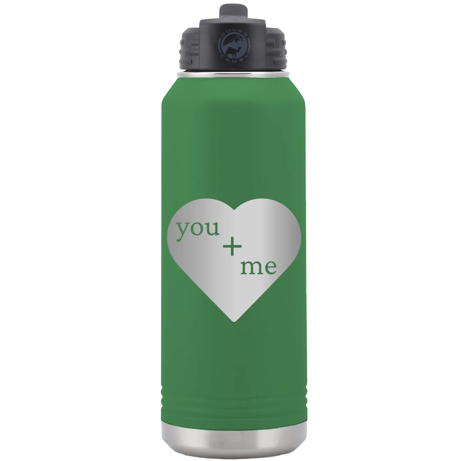 Laser etched green 32 oz vacuum insulated water bottle with 'You Plus Me' design