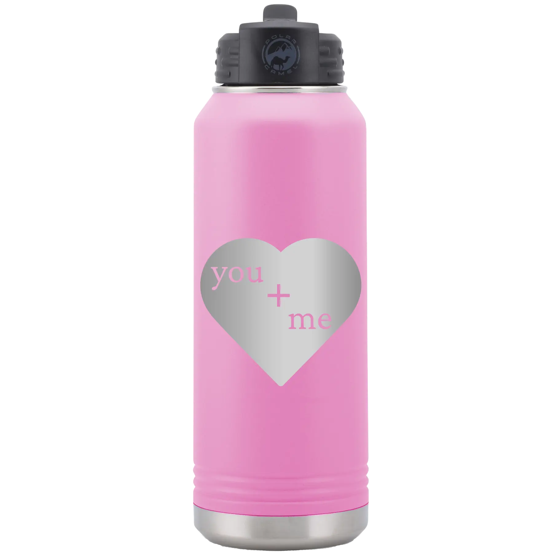 Laser etched light purple 32 oz vacuum insulated water bottle with 'You Plus Me' design