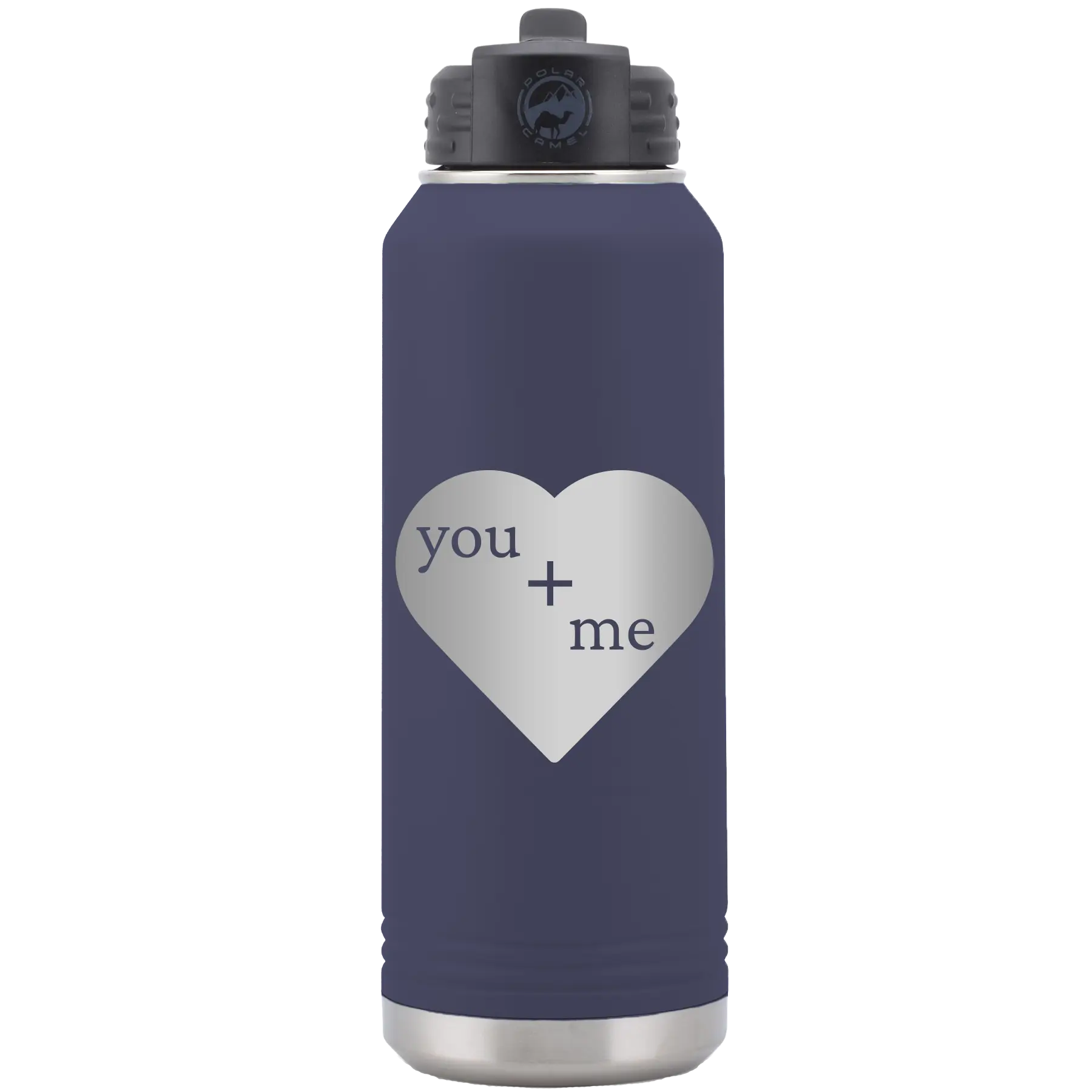 Laser etched navy 32 oz vacuum insulated water bottle with 'You Plus Me' design