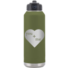 Laser etched olive green 32 oz vacuum insulated water bottle with 'You Plus Me' design