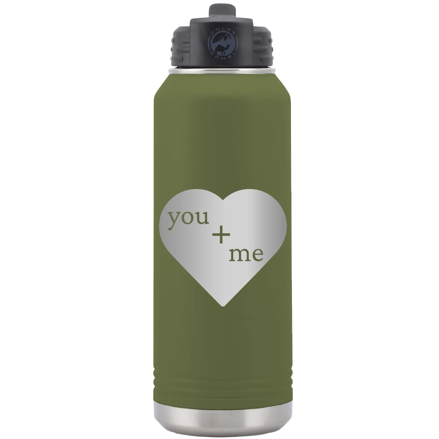 Laser etched olive green 32 oz vacuum insulated water bottle with 'You Plus Me' design