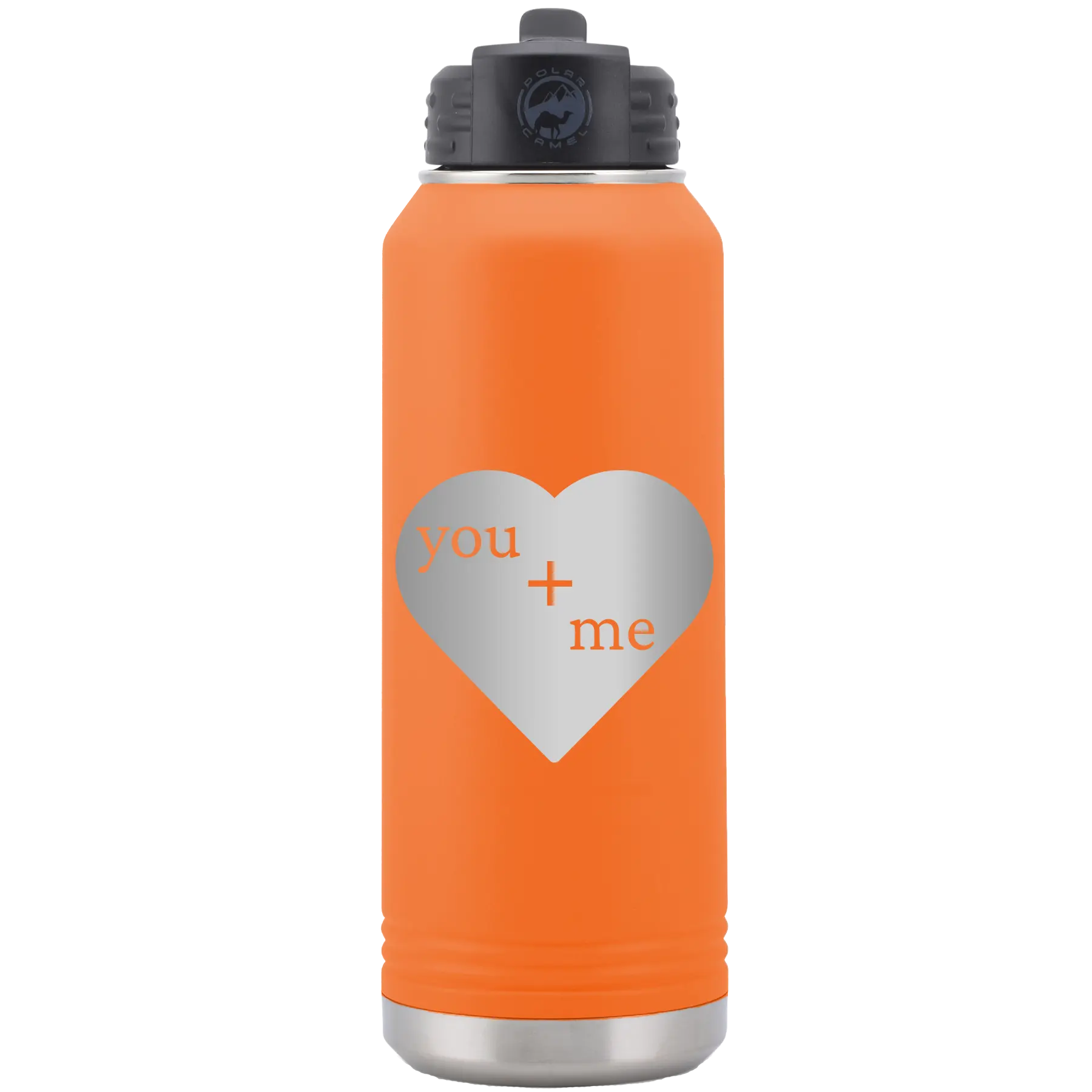Laser etched orange 32 oz vacuum insulated water bottle with 'You Plus Me' design