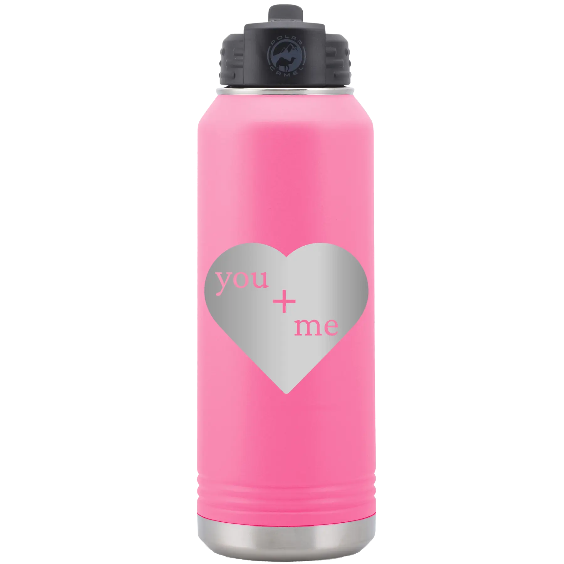 Laser etched pink 32 oz vacuum insulated water bottle with 'You Plus Me' design