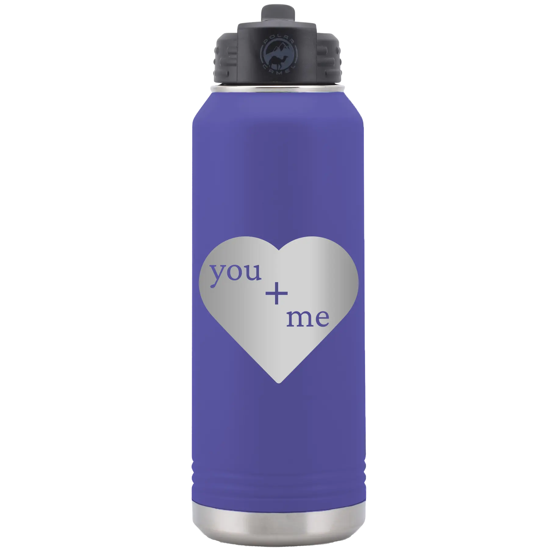Laser etched purple 32 oz vacuum insulated water bottle with 'You Plus Me' design