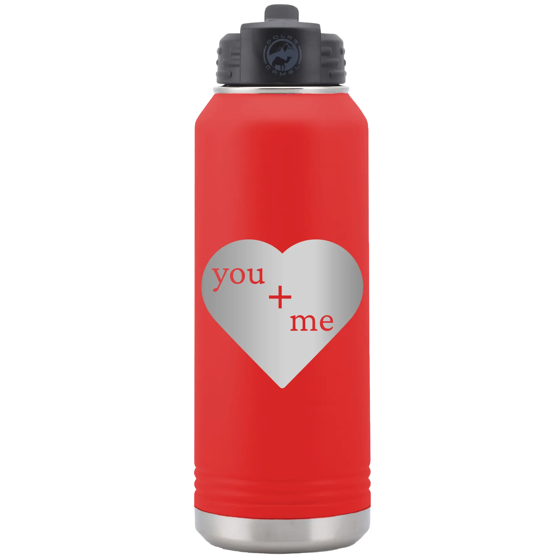 Laser etched red 32 oz vacuum insulated water bottle with 'You Plus Me' design