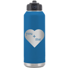 Laser etched royal blue 32 oz vacuum insulated water bottle with 'You Plus Me' design