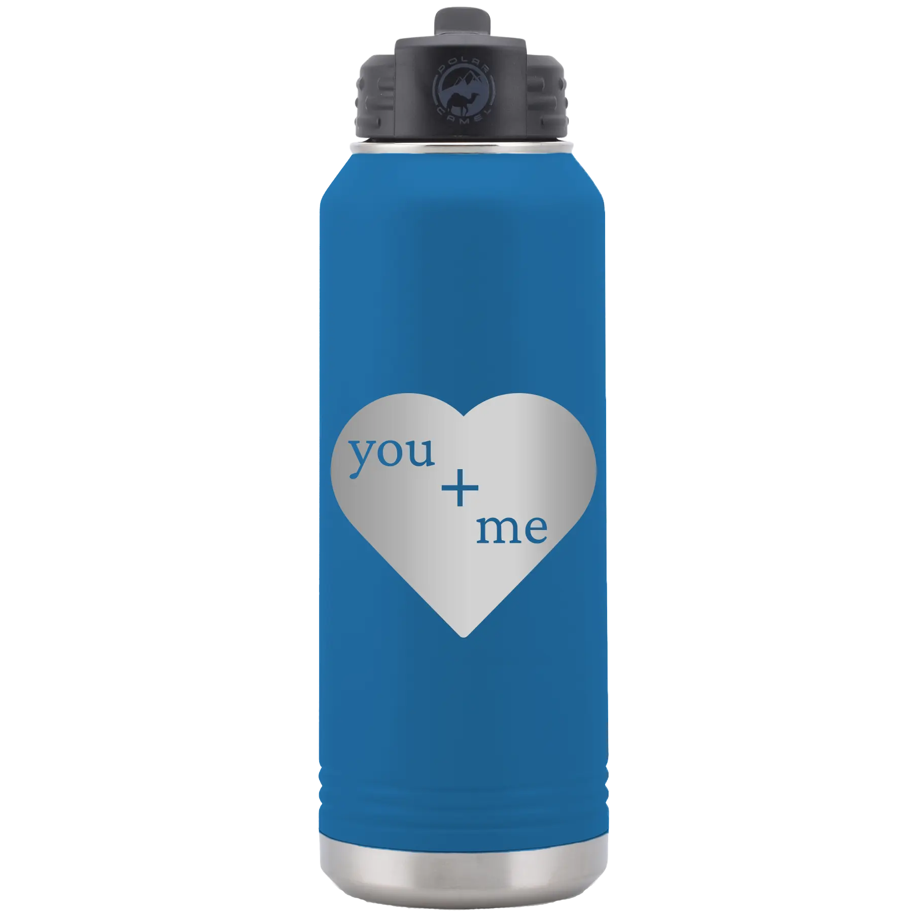Laser etched royal blue 32 oz vacuum insulated water bottle with 'You Plus Me' design
