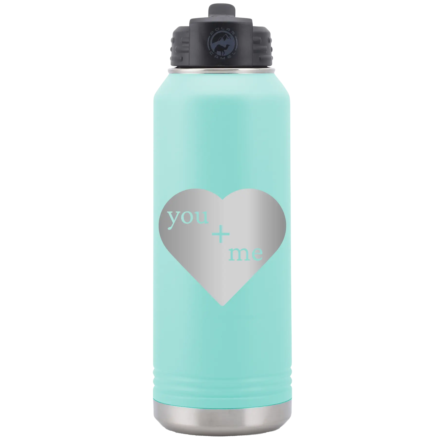 Laser etched teal 32 oz vacuum insulated water bottle with 'You Plus Me' design