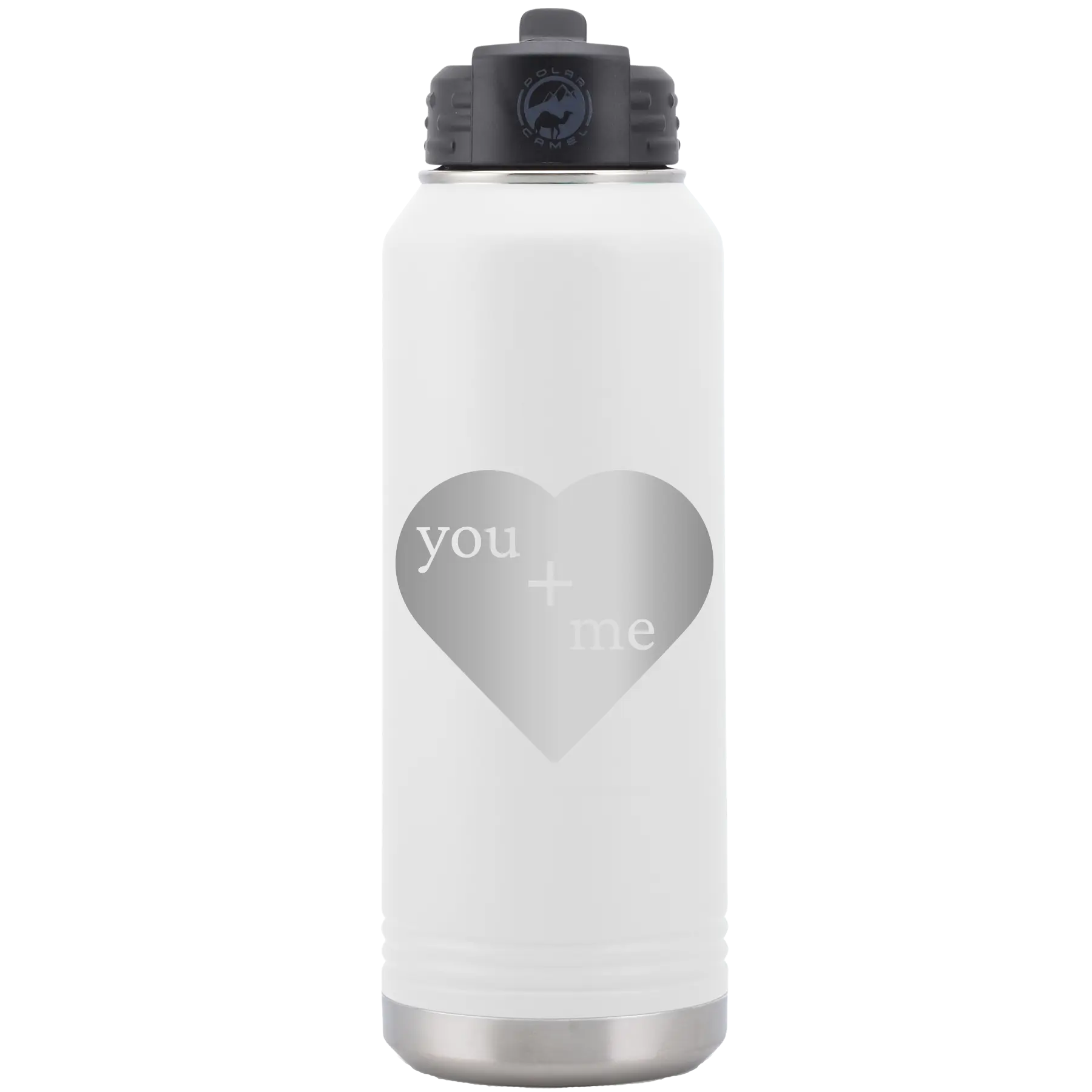 Laser etched white 32 oz vacuum insulated water bottle with 'You Plus Me' design