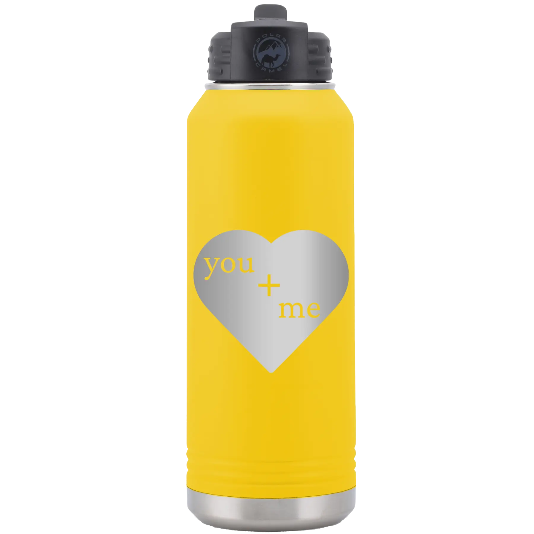 Laser etched yellow 32 oz vacuum insulated water bottle with 'You Plus Me' design