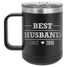 Personalized black 15 oz vacuum insulated coffee mug with 'Best Husband' design