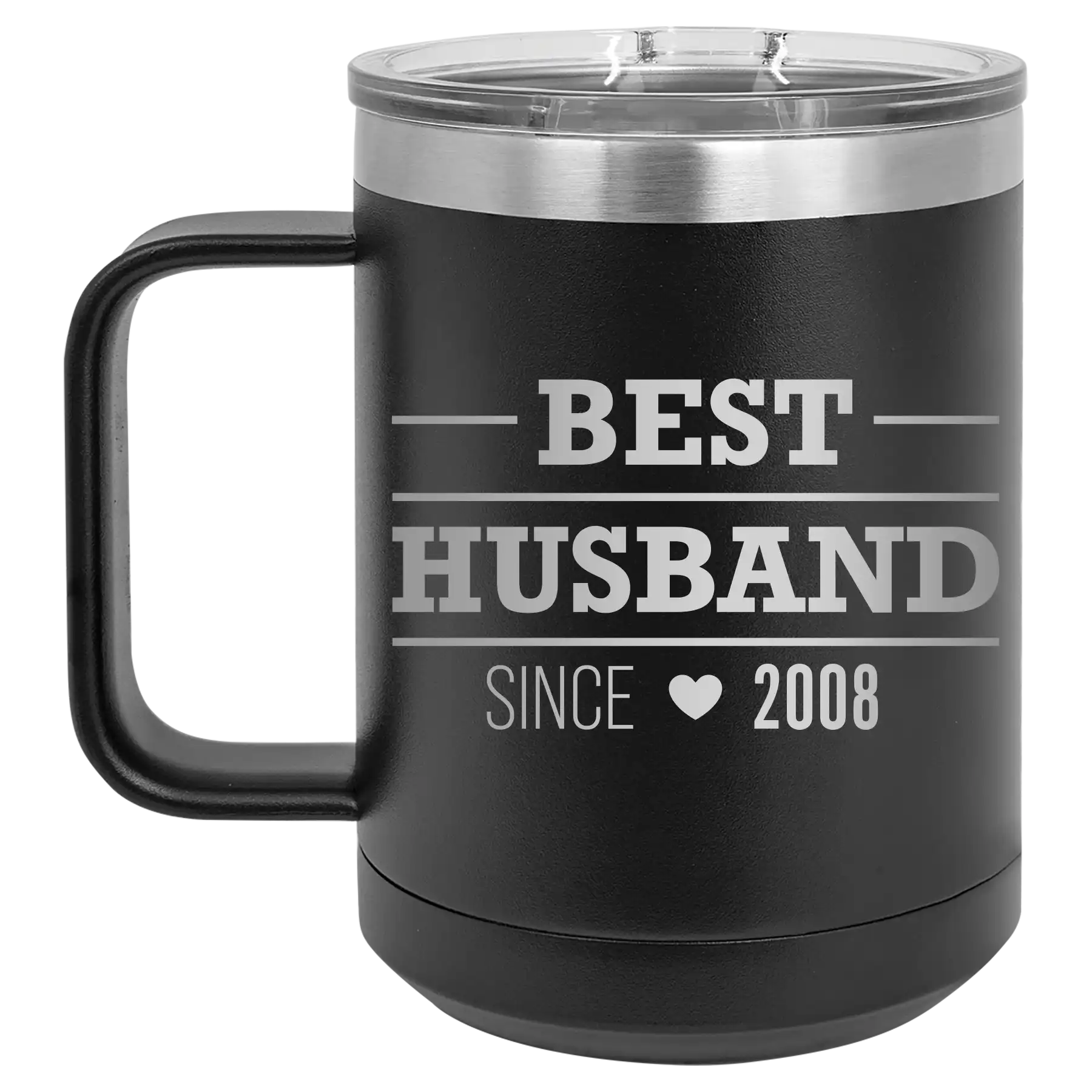 Personalized black 15 oz vacuum insulated coffee mug with 'Best Husband' design