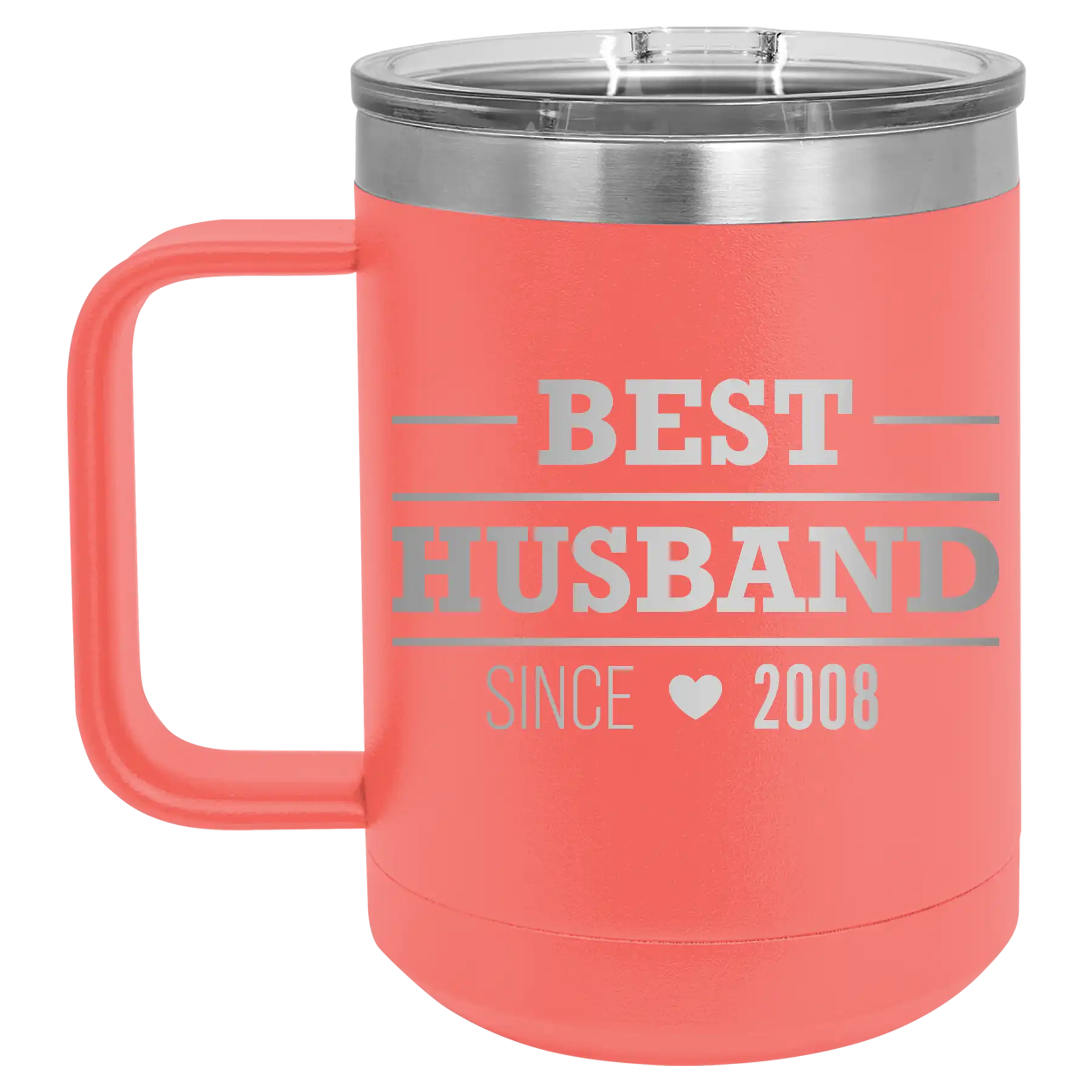 Personalized coral 15 oz vacuum insulated coffee mug with 'Best Husband' design