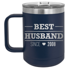 Personalized navy 15 oz vacuum insulated coffee mug with 'Best Husband' design