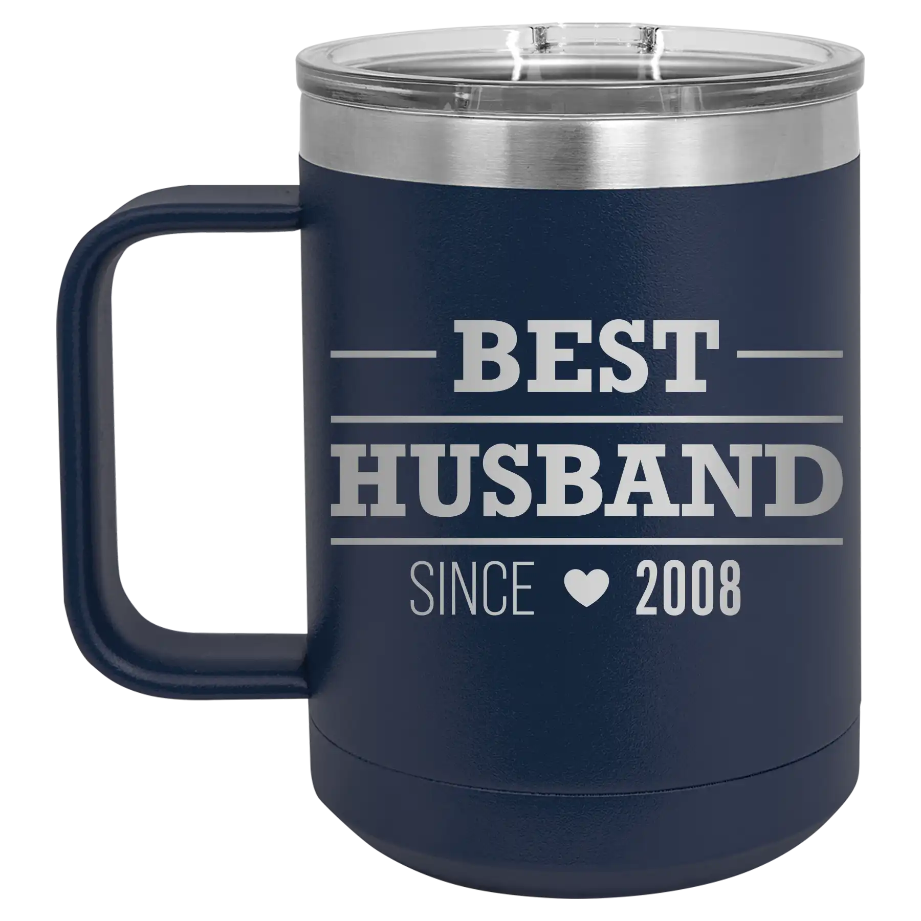 Personalized navy 15 oz vacuum insulated coffee mug with 'Best Husband' design