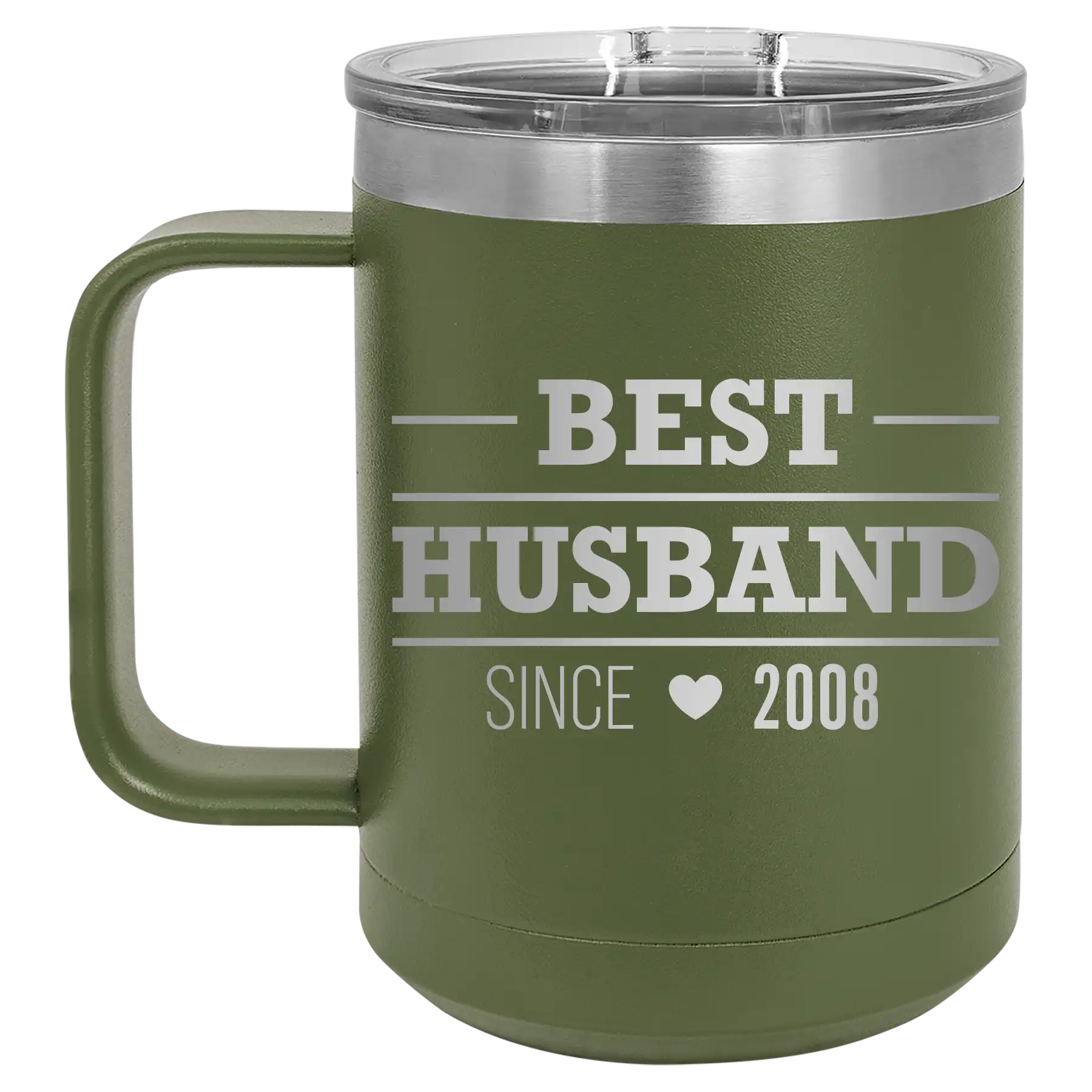 Personalized olive green 15 oz vacuum insulated coffee mug with 'Best Husband' design
