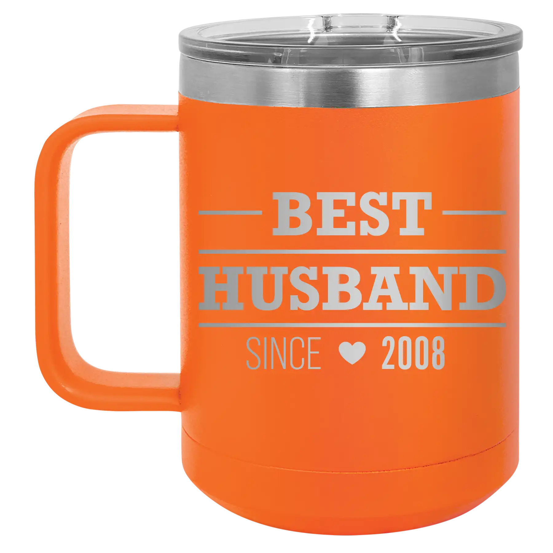 Personalized orange 15 oz vacuum insulated coffee mug with 'Best Husband' design