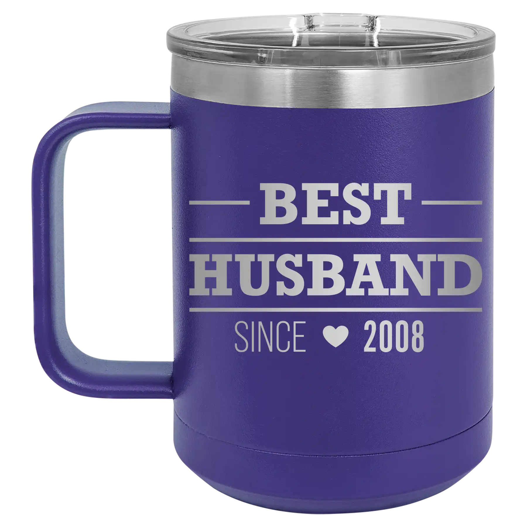 Personalized purple 15 oz vacuum insulated coffee mug with 'Best Husband' design