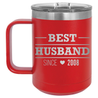 Personalized red 15 oz vacuum insulated coffee mug with 'Best Husband' design