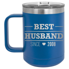 Personalized royal blue 15 oz vacuum insulated coffee mug with 'Best Husband' design