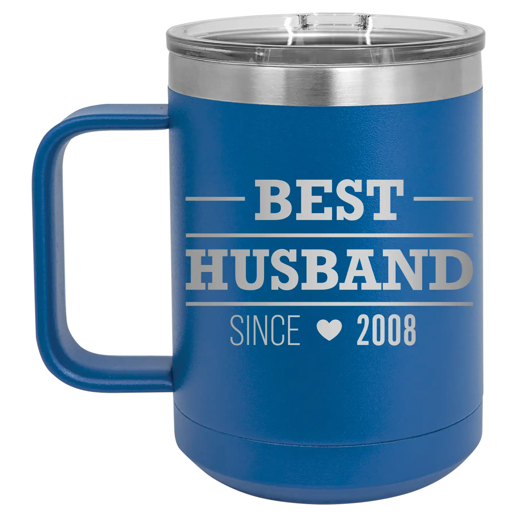 Personalized royal blue 15 oz vacuum insulated coffee mug with 'Best Husband' design