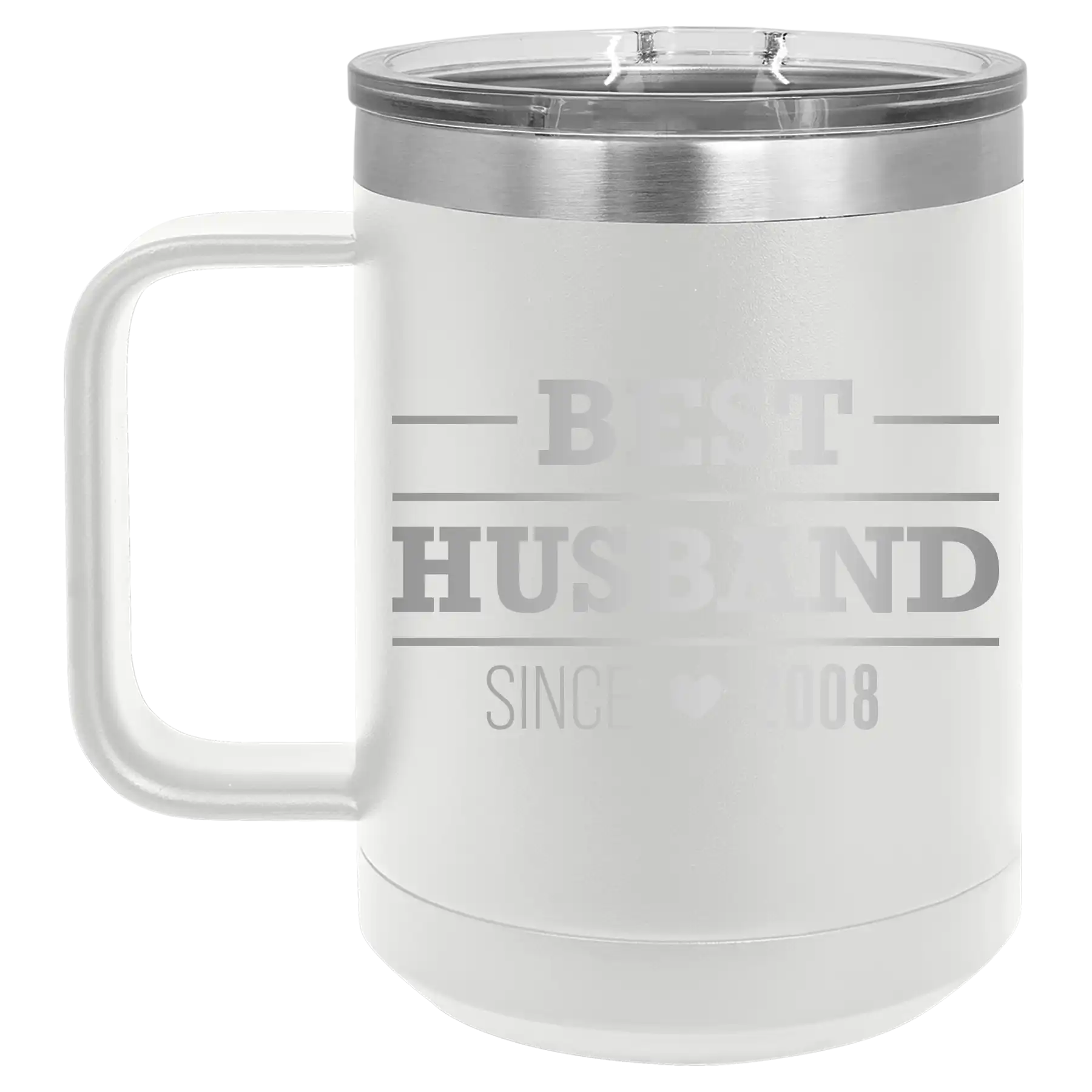 Personalized white 15 oz vacuum insulated coffee mug with 'Best Husband' design