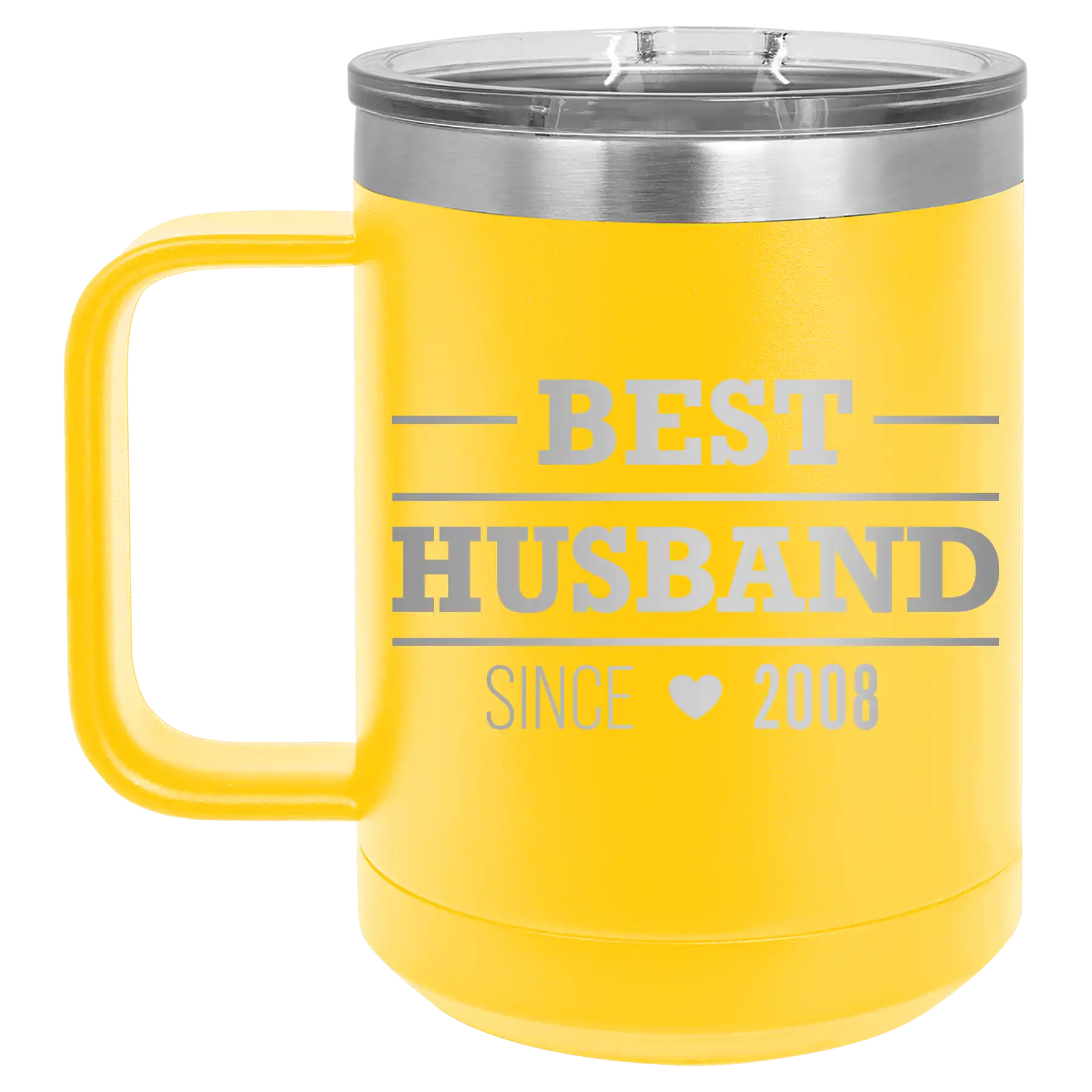 Personalized yellow 15 oz vacuum insulated coffee mug with 'Best Husband' design