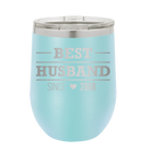 Personalized light blue 12 oz vacuum insulated wine cup with 'Best Husband' design